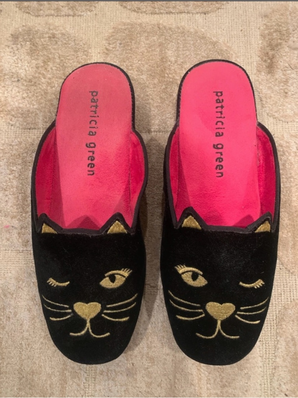 Patricia Green Black Velvet Cat Slippers with Pink Lining